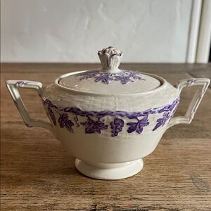 Elegant White Sugar Bowl with Purple Floral Design by Cauldon/England.